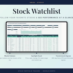 Puede incluir: Una plantilla digital de lista de seguimiento de acciones para Google Sheets titulada Stock Watchlist. La interfaz muestra &iacute;ndices de mercado, una secci&oacute;n de activos destacados con un gr&aacute;fico lineal y una tabla detallada con s&iacute;mbolos burs&aacute;tiles.