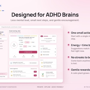 May include: A digital interface for The GridX Studio titled Designed for ADHD Brains. The dashboard features sections for energy levels, time-based tasks, and gentle suggestions, with a light pink color scheme and text-based navigation.