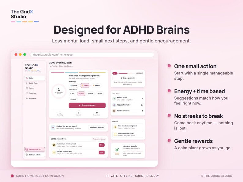 May include: A digital interface for The GridX Studio titled Designed for ADHD Brains. The dashboard features sections for energy levels, time-based tasks, and gentle suggestions, with a light pink color scheme and text-based navigation.