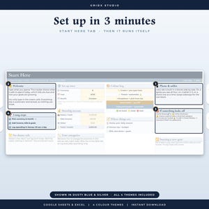 May include: A digital budget tracker interface titled Set up in 3 minutes by Gridx Studio. The layout features numbered instructional boxes for welcome, phone and tablet, troubleshooting, and three easy steps, with a central spreadsheet dashboard.
