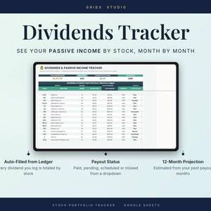 Puede incluir: Una hoja de c&aacute;lculo digital de seguimiento de dividendos en una pantalla. La interfaz muestra columnas para s&iacute;mbolos burs&aacute;tiles, nombres de empresas, acciones, tasas de dividendos, ingresos totales, moneda y estado de pago.