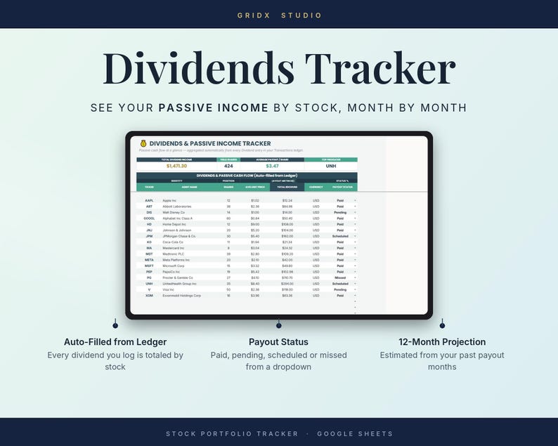 Puede incluir: Una hoja de c&aacute;lculo digital de seguimiento de dividendos en una pantalla. La interfaz muestra columnas para s&iacute;mbolos burs&aacute;tiles, nombres de empresas, acciones, tasas de dividendos, ingresos totales, moneda y estado de pago.
