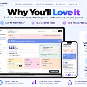 May include: A digital budget planner interface displayed on a laptop and smartphone screen. The dashboard features sections for daily spending, savings goals, and bill tracking with text including The GridX Studio and Why You'll Love It.