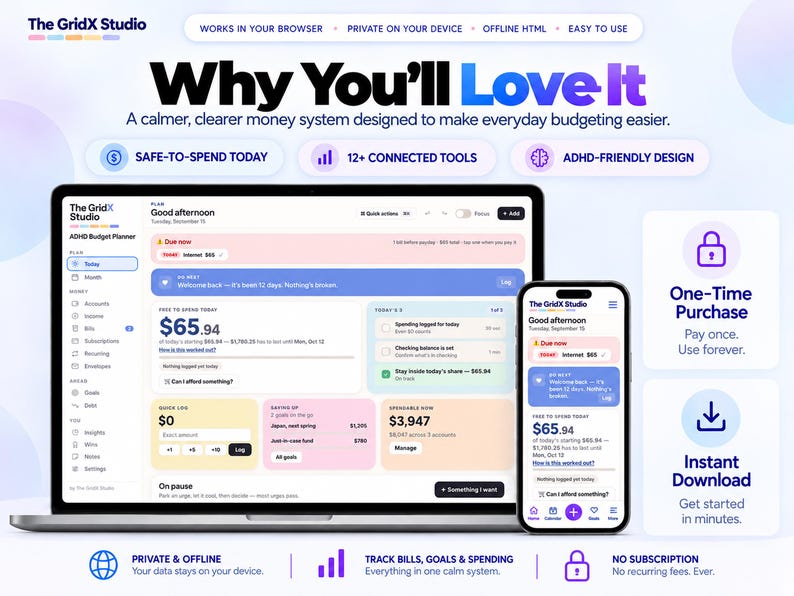 May include: A digital budget planner interface displayed on a laptop and smartphone screen. The dashboard features sections for daily spending, savings goals, and bill tracking with text including The GridX Studio and Why You'll Love It.