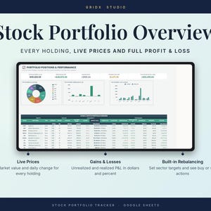Puede incluir: Una plantilla digital de seguimiento de cartera de acciones para Google Sheets titulada Stock Portfolio Overview. La interfaz muestra un panel con un gr&aacute;fico circular, gr&aacute;ficos de barras y una tabla detallada de activos, precios y ganancias.