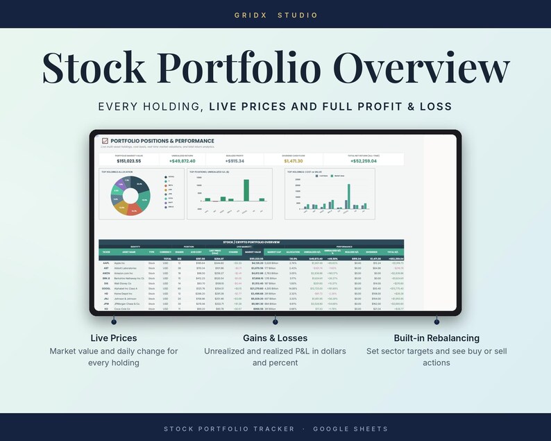 Puede incluir: Una plantilla digital de seguimiento de cartera de acciones para Google Sheets titulada Stock Portfolio Overview. La interfaz muestra un panel con un gr&aacute;fico circular, gr&aacute;ficos de barras y una tabla detallada de activos, precios y ganancias.