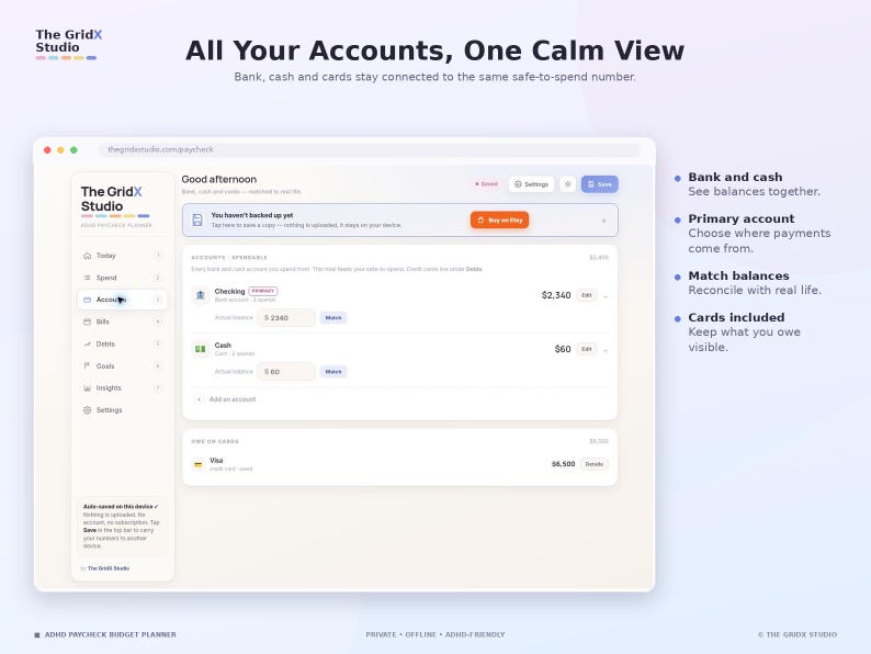 Peut inclure: Une interface num&eacute;rique pour le planificateur budg&eacute;taire The GridX Studio affichant un tableau de bord intitul&eacute; All Your Accounts, One Calm View. L'&eacute;cran pr&eacute;sente des soldes de comptes, un menu de navigation et des explications sur les connexions.