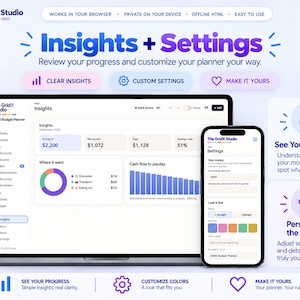 May include: A digital interface for The GridX Studio ADHD Budget Planner displayed on a laptop and smartphone. The screen shows financial insights, spending charts, and customization settings with purple and blue color themes and text.