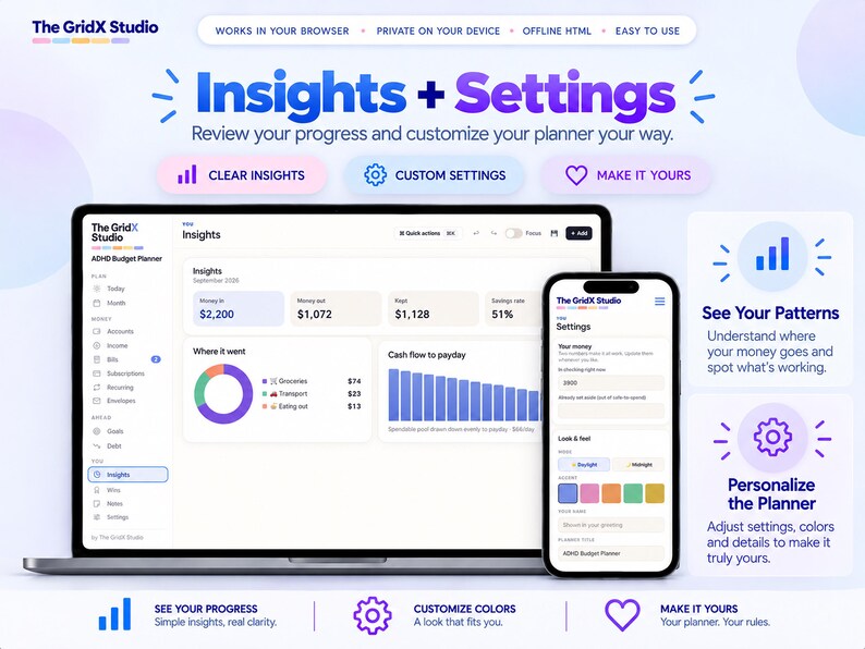 May include: A digital interface for The GridX Studio ADHD Budget Planner displayed on a laptop and smartphone. The screen shows financial insights, spending charts, and customization settings with purple and blue color themes and text.