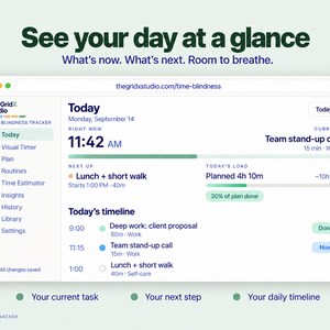 Pode incluir: Uma interface de painel digital intitulada The GridX Studio Time Blindness Tracker. A tela exibe uma agenda di&aacute;ria com o hor&aacute;rio atual 11:42, uma chamada de equipe, um almo&ccedil;o e caminhada, e uma linha do tempo de tarefas.