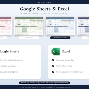 May include: A digital spreadsheet template for Google Sheets and Excel featuring four color themes: blush and champagne, sage and ivory, dusty blue and silver, and midnight and gold. Includes example and blank versions for each.