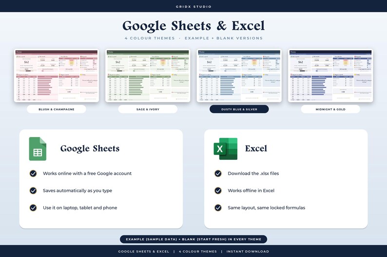 May include: A digital spreadsheet template for Google Sheets and Excel featuring four color themes: blush and champagne, sage and ivory, dusty blue and silver, and midnight and gold. Includes example and blank versions for each.