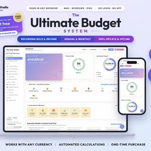 May include: A digital budget system interface displayed on a laptop and smartphone screen. The dashboard features financial metrics, charts, and icons for income, bills, and savings. Text includes The Ultimate Budget System, 14 Tools, and Setup Guide Included.