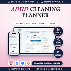 Puede incluir: Un planificador de limpieza ADHD digital mostrado en una pantalla de portátil y smartphone. La interfaz incluye secciones para habitaciones, rutinas, reinicios y logros. El texto incluye ADHD CLEANING PLANNER y FREE DEMO LINK.