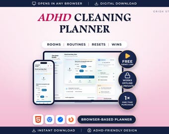 May include: A digital ADHD Cleaning Planner displayed on a laptop and smartphone screen. The interface features sections for rooms, routines, resets, and wins. Text includes ADHD CLEANING PLANNER, FREE DEMO LINK, WORKS OFFLINE & PRIVATE, and ONE-TIME PURCHASE.