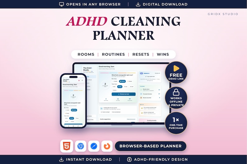 May include: A digital ADHD Cleaning Planner displayed on a laptop and smartphone screen. The interface features sections for rooms, routines, resets, and wins. Text includes ADHD CLEANING PLANNER, FREE DEMO LINK, WORKS OFFLINE & PRIVATE, and ONE-TIME PURCHASE.