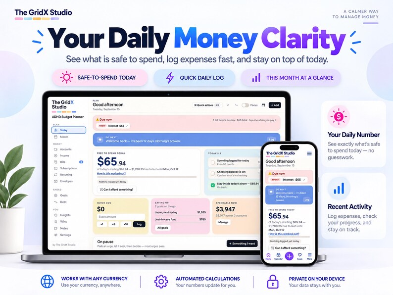 May include: A laptop and smartphone displaying The GridX Studio ADHD Budget Planner interface. The screen shows financial tracking features, including a safe-to-spend balance of $65.94, daily logs, and monthly summaries with text labels like Your Daily Money Clarity.