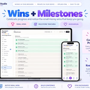 May include: A digital ADHD budget planner interface displayed on a laptop and smartphone screen. The dashboard features a Wins and Milestones tracker with lists of financial goals, progress bars, and motivational text. The design uses a light blue, white, and purple color palette with icons for tracking, motivation, and progress.