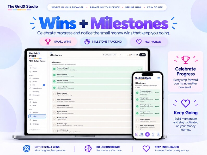 May include: A digital ADHD budget planner interface displayed on a laptop and smartphone screen. The dashboard features a Wins and Milestones tracker with lists of financial goals, progress bars, and motivational text. The design uses a light blue, white, and purple color palette with icons for tracking, motivation, and progress.