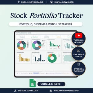 Puede incluir: Un rastreador digital de cartera de acciones para Google Sheets que presenta un panel con varios gr&aacute;ficos circulares y de barras. La interfaz muestra datos financieros, incluida informaci&oacute;n sobre la cartera, dividendos y listas de seguimiento, con iconos circulares que destacan tutoriales, precios de acciones en vivo y funciones de seguimiento.