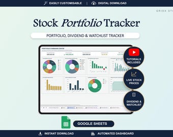 May include: A digital stock portfolio tracker for Google Sheets featuring a dashboard with various pie and bar charts. The interface displays financial data, including portfolio, dividend, and watchlist information, with circular icons highlighting tutorials, live stock prices, and tracking features.
