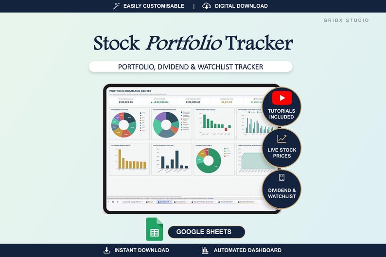 Puede incluir: Un rastreador digital de cartera de acciones para Google Sheets que presenta un panel con varios gr&aacute;ficos circulares y de barras. La interfaz muestra datos financieros, incluida informaci&oacute;n sobre la cartera, dividendos y listas de seguimiento, con iconos circulares que destacan tutoriales, precios de acciones en vivo y funciones de seguimiento.