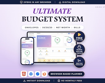 May include: A digital budget planner interface displayed on a smartphone and a laptop screen. The text reads ULTIMATE BUDGET SYSTEM, ENVELOPES, 50/30/20, NET WORTH, BILLS, FREE DEMO LINK, WORKS OFFLINE & PRIVATE, 1x ONE-TIME PURCHASE, BROWSER-BASED PLANNER.