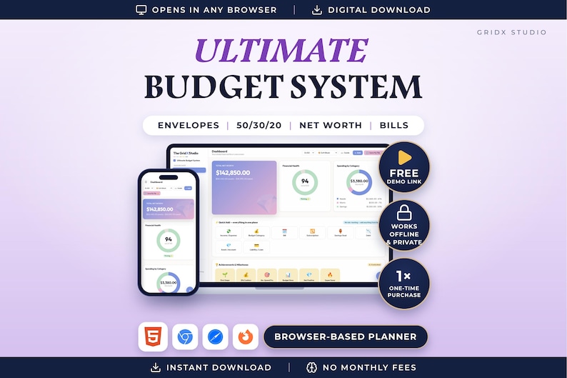 May include: A digital budget planner interface displayed on a smartphone and a laptop screen. The text reads ULTIMATE BUDGET SYSTEM, ENVELOPES, 50/30/20, NET WORTH, BILLS, FREE DEMO LINK, WORKS OFFLINE & PRIVATE, 1x ONE-TIME PURCHASE, BROWSER-BASED PLANNER.