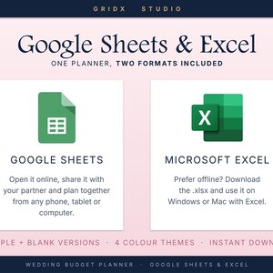 Puede incluir: Un gr&aacute;fico de planificador de presupuesto de boda digital con el texto Google Sheets & Excel, One Planner, Two Formats Included. Muestra iconos de Google Sheets y Microsoft Excel con texto descriptivo para uso en l&iacute;nea y sin conexi&oacute;n.