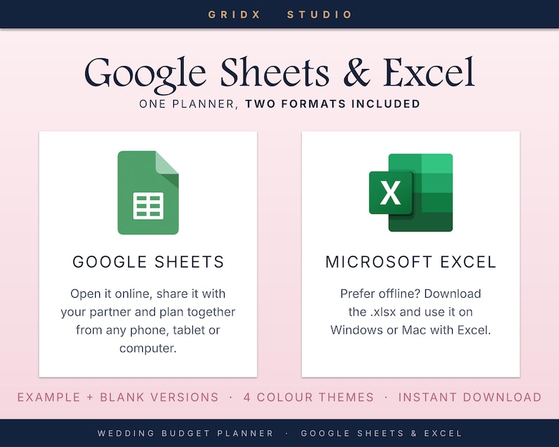Puede incluir: Un gr&aacute;fico de planificador de presupuesto de boda digital con el texto Google Sheets & Excel, One Planner, Two Formats Included. Muestra iconos de Google Sheets y Microsoft Excel con texto descriptivo para uso en l&iacute;nea y sin conexi&oacute;n.