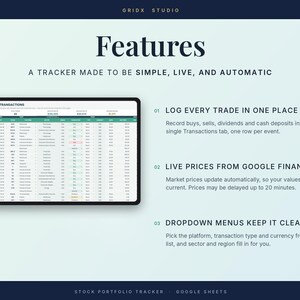 Puede incluir: Un rastreador de cartera de acciones digital para Google Sheets de GRIDX STUDIO. El gr&aacute;fico muestra una interfaz de registro de transacciones con columnas para fechas, tickers y valores, junto con tres caracter&iacute;sticas clave: registrar operaciones, precios en vivo de Google Finance y men&uacute;s desplegables.