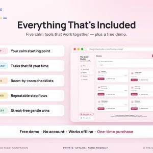 May include: A digital product interface titled The GridX Studio Everything That's Included, featuring a list of five tools: Today, Quick Reset, Rooms, Routines, and Progress, alongside a software dashboard preview and text stating Free demo, No account, Works offline, One-time purchase.