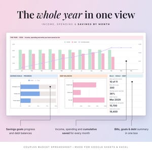 May include: A digital budget spreadsheet dashboard titled The whole year in one view. It features a bar chart for monthly income and spending, a line graph for cumulative savings, progress bars for savings goals, and debt balance charts.