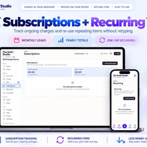 May include: A digital budget planner interface displayed on a laptop and smartphone screen. The software features sections for Subscriptions and Recurring items, with text labels including Monthly Leaks, Yearly Totals, and One-Tap Recurring.