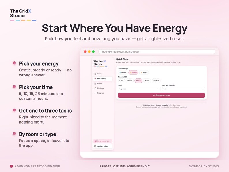 May include: A digital interface for The GridX Studio titled Start Where You Have Energy. The screen displays a Quick Reset tool with options to select energy levels, time availability, and room types to generate a list of tasks.
