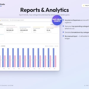 May include: A digital interface titled Reports & Analytics from The GridX Studio, displaying financial data including annual income of &pound;65,400.00, expenses, net savings, and a bar chart comparing monthly income versus expenses over 12 months.