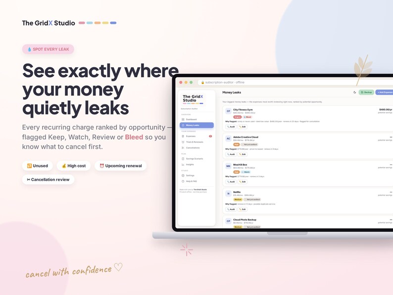 Puede incluir: Una pantalla de port&aacute;til muestra la interfaz de The GridX Studio, un panel de control de auditor&iacute;a de suscripciones con cargos recurrentes. El texto dice: See exactly where your money quietly leaks, con categor&iacute;as como Unused, High cost y Upcoming renewal.
