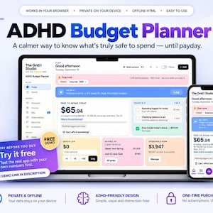 May include: A digital ADHD Budget Planner displayed on a laptop and smartphone screen. The interface features a clean layout with sections for daily spending, bills, and savings. Text includes The GridX Studio, ADHD Budget Planner, and Try it free.