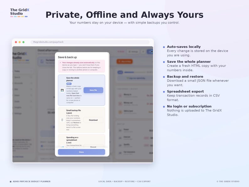 Peut inclure: Une interface num&eacute;rique pour le planificateur budg&eacute;taire ADHD Paycheck Budget Planner de The GridX Studio affichant une fen&ecirc;tre modale Save & back up. L'&eacute;cran pr&eacute;sente des options pour enregistrer le planificateur en fichier HTML, JSON ou CSV.