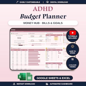 Puede incluir: Un panel digital ADHD Budget Planner para Google Sheets y Excel. La interfaz incluye secciones para dinero, facturas y objetivos, con un rastreador 'Safe to spend', resúmenes mensuales y gráficos de gastos en un esquema de color malva y blanco.