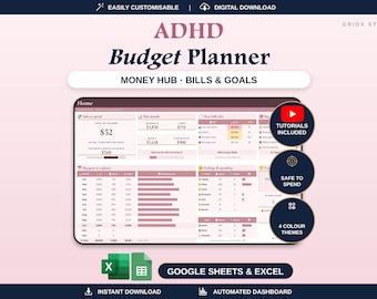 May include: A digital ADHD Budget Planner dashboard for Google Sheets and Excel. The interface features sections for money, bills, and goals, including a 'Safe to spend' tracker, monthly summaries, and spending charts in a mauve and white color scheme.