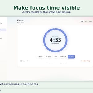 Pode incluir: Uma interface digital para o ADHD Time Blindness Tracker da The GridX Studio exibindo um temporizador de sess&atilde;o de foco. A tela apresenta um anel de contagem regressiva circular azul central mostrando 4:53 restantes, com menus e bot&otilde;es.