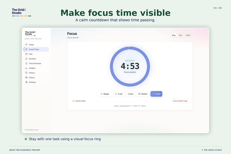 Pode incluir: Uma interface digital para o ADHD Time Blindness Tracker da The GridX Studio exibindo um temporizador de sess&atilde;o de foco. A tela apresenta um anel de contagem regressiva circular azul central mostrando 4:53 restantes, com menus e bot&otilde;es.
