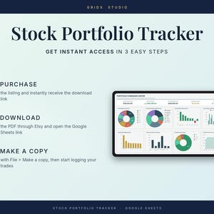 Puede incluir: Una plantilla digital de seguimiento de cartera de acciones con el texto Stock Portfolio Tracker y Get Instant Access In 3 Easy Steps. La pantalla de una tableta muestra un panel con gr&aacute;ficos circulares, de barras y datos financieros.