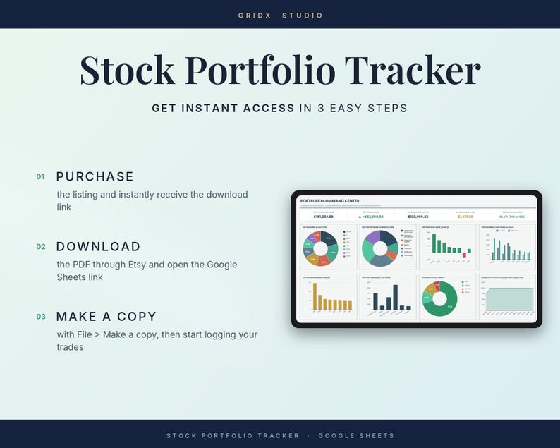 Puede incluir: Una plantilla digital de seguimiento de cartera de acciones con el texto Stock Portfolio Tracker y Get Instant Access In 3 Easy Steps. La pantalla de una tableta muestra un panel con gr&aacute;ficos circulares, de barras y datos financieros.