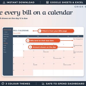 May include: A digital bill calendar spreadsheet template for Google Sheets and Excel by Gridx Studio. The interface displays a monthly calendar view with bills populated on their due dates, featuring three orange callout boxes with numbered text.
