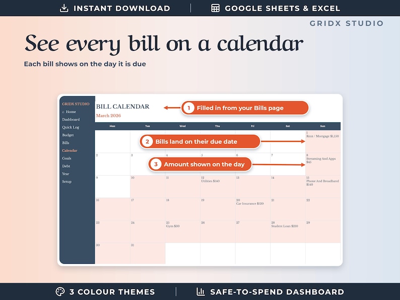 May include: A digital bill calendar spreadsheet template for Google Sheets and Excel by Gridx Studio. The interface displays a monthly calendar view with bills populated on their due dates, featuring three orange callout boxes with numbered text.
