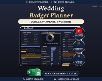 May include: A digital wedding budget planner dashboard for Google Sheets and Excel. The interface features a dark theme with a money snapshot, payment radar, and expense charts. Text includes Wedding Budget Planner, Budget, Payments & Vendors, Tutorials Included, and 4 Colour Themes.