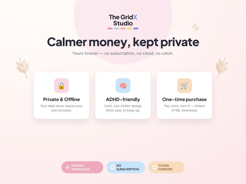 Puede incluir: Una p&aacute;gina de aterrizaje de producto digital para The GridX Studio con el texto Calmer money, kept private. Destaca tres caracter&iacute;sticas: Private & Offline, ADHD-friendly y One-time purchase, con botones para Instant Download, No Subscription y Yours Forever.
