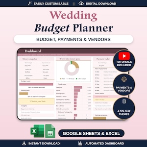 Puede incluir: Un panel digital de planificaci&oacute;n de presupuesto de bodas para Google Sheets y Excel. La interfaz muestra un resumen financiero, un radar de pagos y los costes de los proveedores en un tema de color rosa y oscuro.